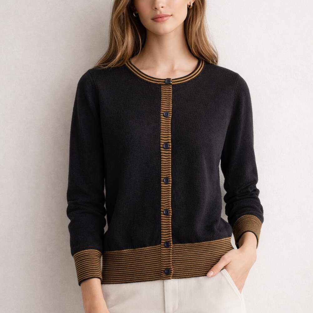 Golden Line 100% Wool Cardigan Black Brown Striped Trim XXS XS Women Button Up